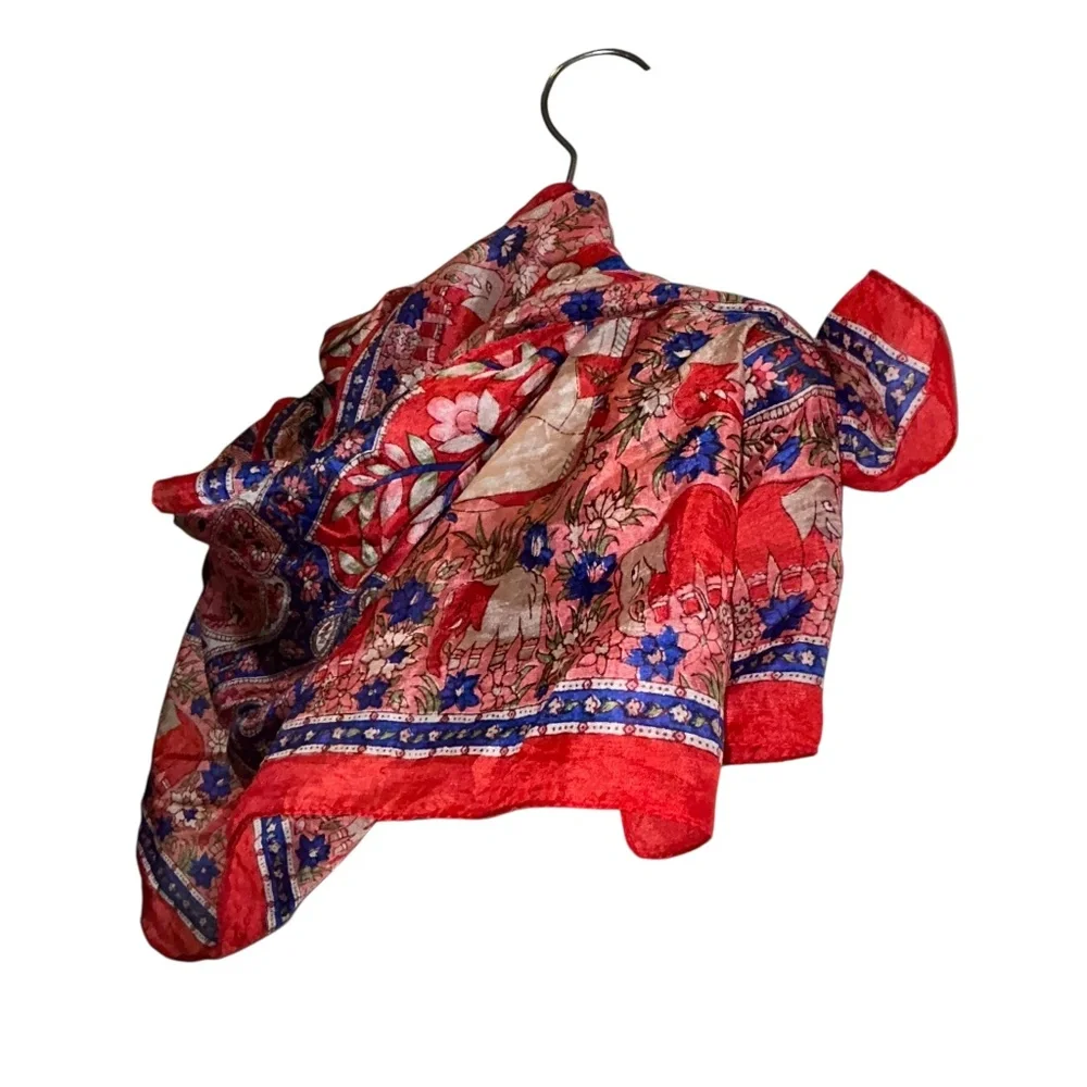 India Silk red blue elephants print ethnic Indian wear scarf